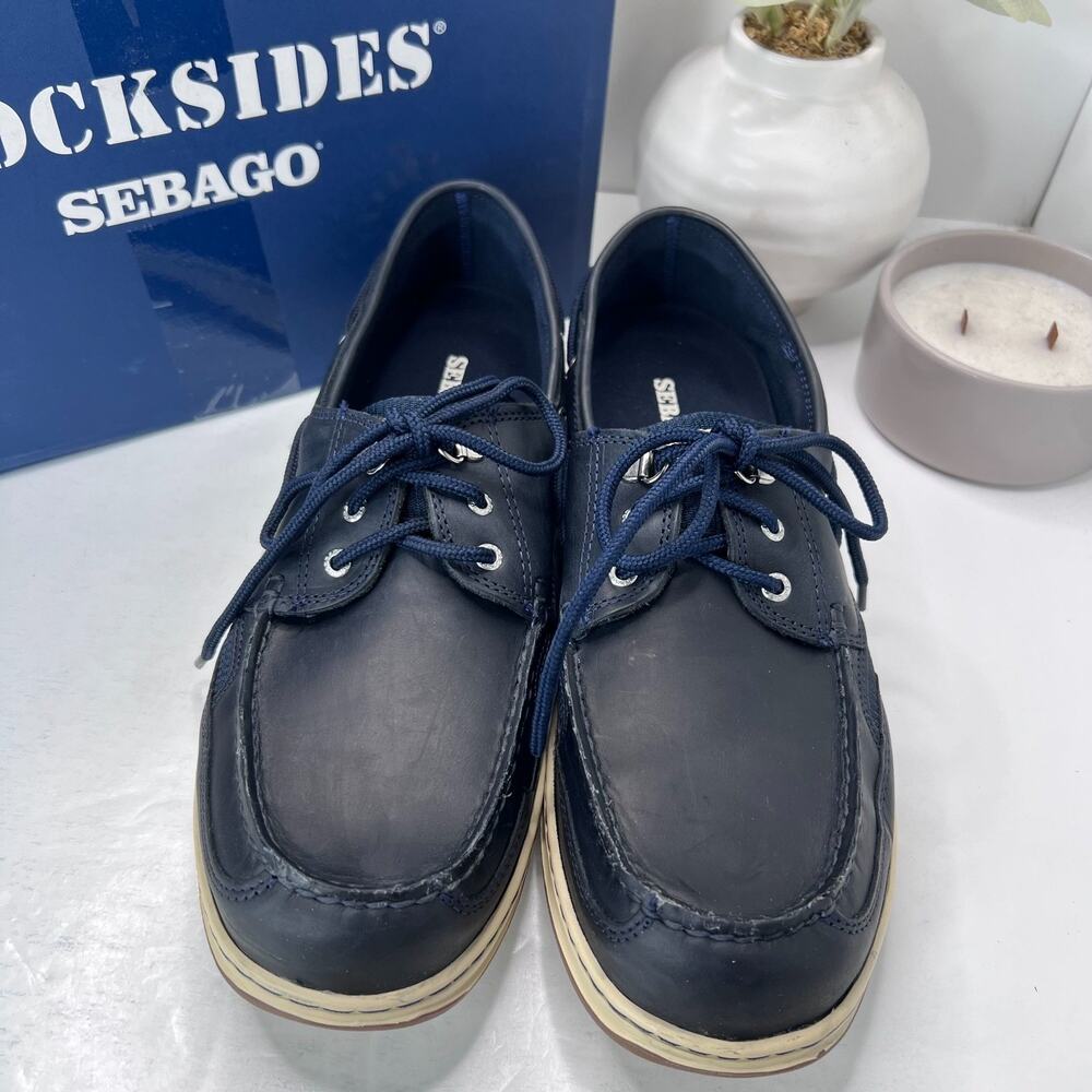 Sebago Docksides Leather Upper Boat Shoes Lace Up Navy Blue Men's 13R Tried On - Picture 3 of 10